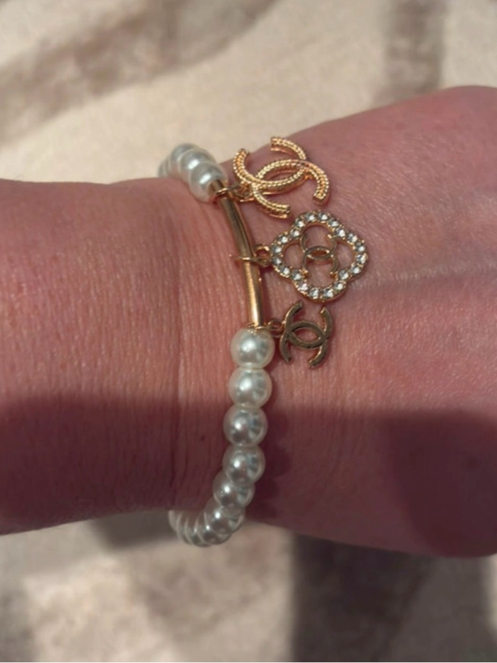 Pearl Stretch Bracelet with Gold Charm Accents